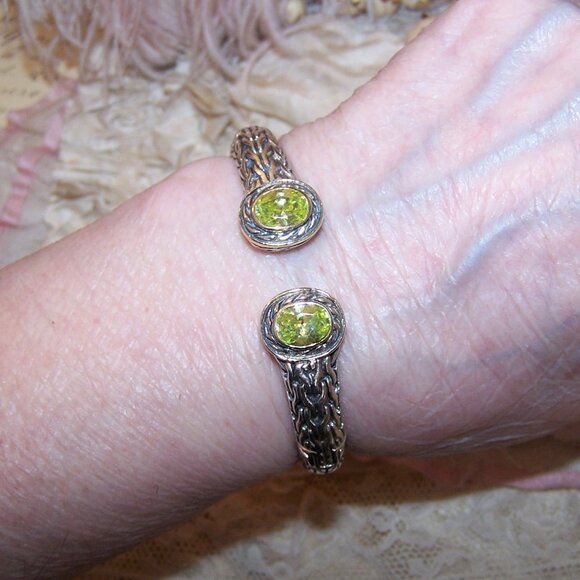 Sterling Silver 14K Gold Peridot CZ Hinged Cuff Bracelet - Size 6.75 - Picture 4 of 11